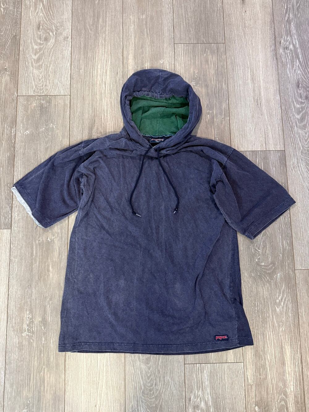 intage JanSport Hoodie XL Made USA Short Sleeve Faded Navy Green 90s